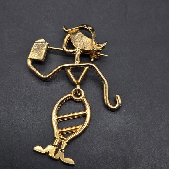KK/ED Signed Book Lover Brooch Stick Figure Lady Reading Book Gold Tone - Picture 3 of 8